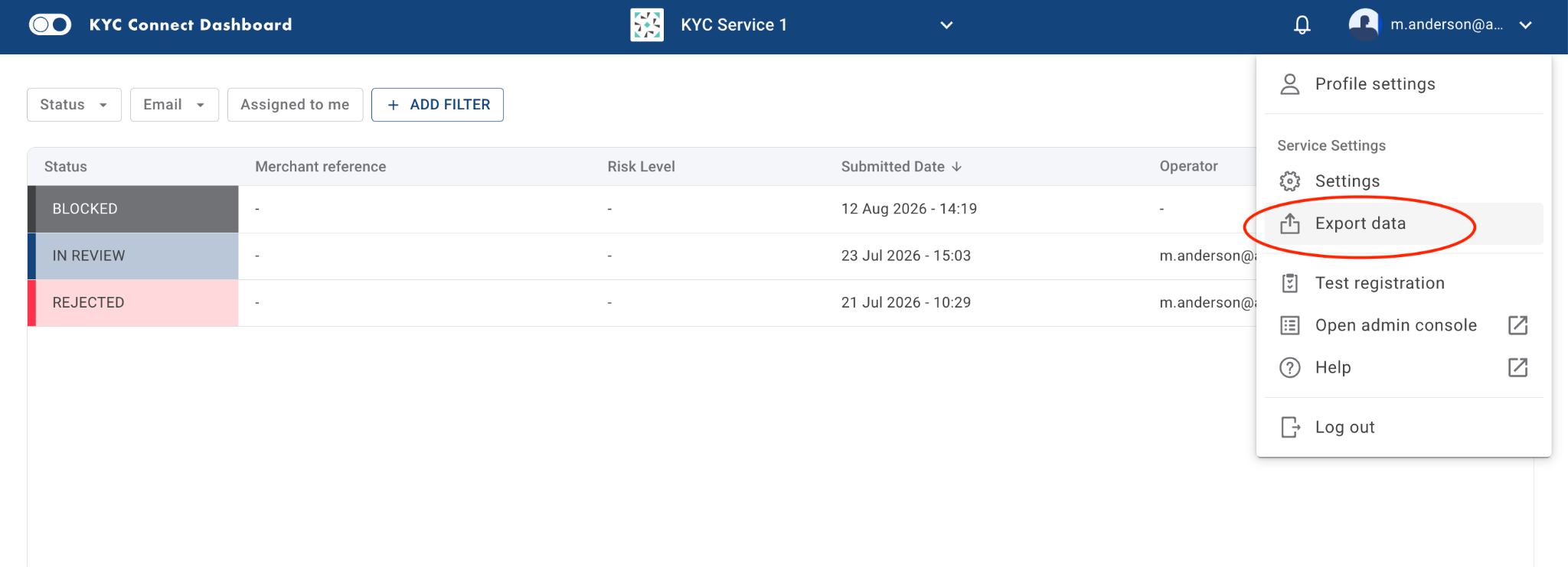 Export data from the KYC Dashboard